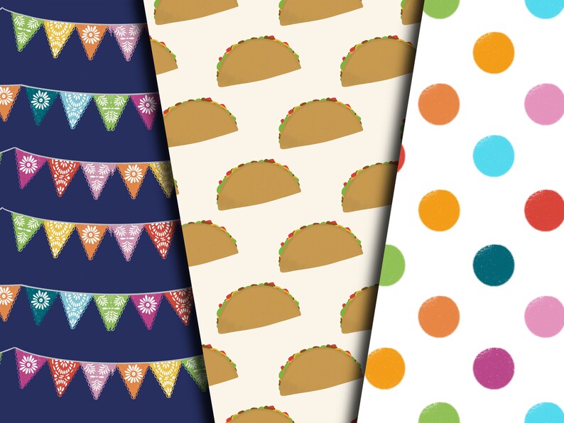 Peut inclure: Trois motifs diff&eacute;rents pour du tissu ou du papier d'emballage. Le premier motif est un fond bleu avec des fanions color&eacute;s. Le deuxi&egrave;me motif est un fond blanc avec des tacos bruns. Le troisi&egrave;me motif est un fond blanc avec des pois color&eacute;s.
