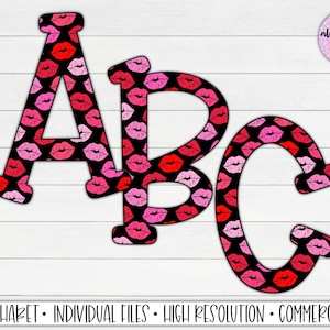 Red and Pink Lips Alphabet Letters PNG Bundle, Hand Drawn Alphabet Doodle, Sublimation Alpha Set Designs PNG, Valentines Day Alphabet Png