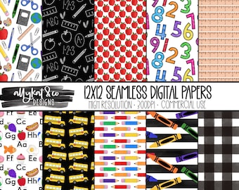 Back to School Digital Paper Set: Hand Drawn Designs (12x12, JPEG)