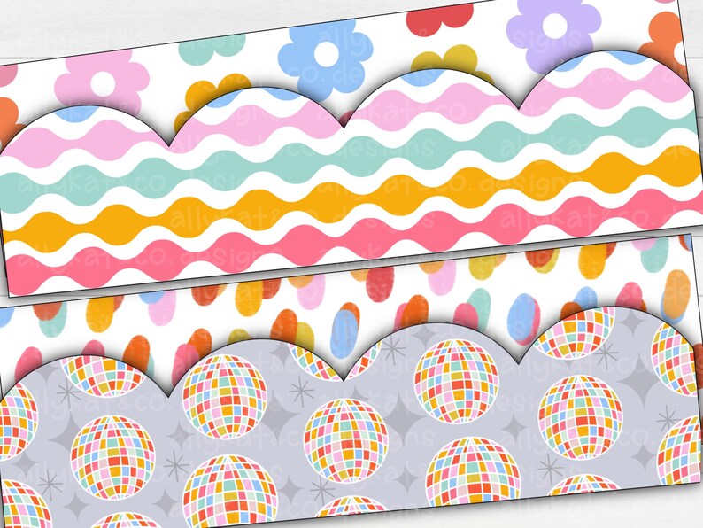 May include: Two digital scrapbook paper designs. The top design features a wavy pattern in pink, yellow, and blue on a white background. The bottom design features a grey background with a repeating pattern of colourful disco balls.