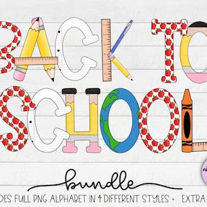 Back to School Sublimation Alphabet Bundle, A-Z Full Uppercase Alphabet, School Supples Doodle Letters, School Supplies Letters Png
