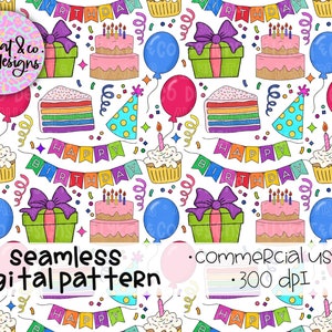 May include: A seamless digital pattern featuring a colorful birthday theme. The pattern includes cupcakes, cake, balloons, presents, confetti, and a banner that reads "Happy Birthday".