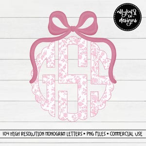 Pink Chinoiserie Monogram with Bow, Pink Toile Fleurie Sublimation Monogram,  Preppy Floral Monogram PNG, Scallop Monogram, Commercial Use