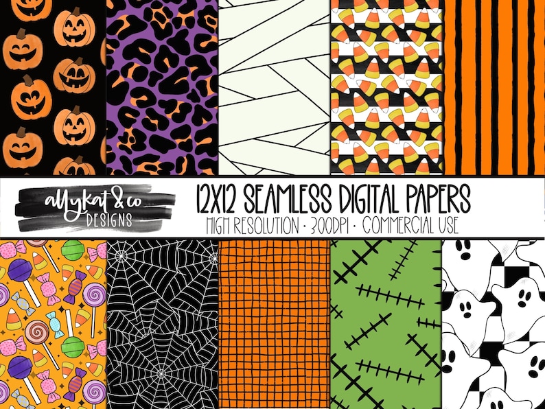 May include: A set of 12 digital papers featuring Halloween themed patterns. The patterns include pumpkins, candy corn, spiderwebs, ghosts, and stitches. The papers are 12x12 inches and 300 DPI.