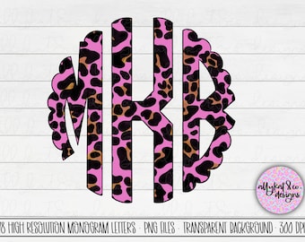 May include: Pink and brown leopard print monogram letters in a circle with a scalloped edge. 78 high resolution monogram letters, PNG files, transparent background, 300 DPI.