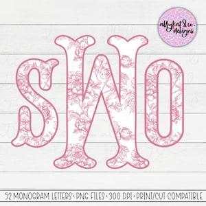 Roze chinoiseriemonogram, roze toile fleurie-sublimatiemonogram, preppy bloemenmonogram png, vissenstaartmonogramletters, commercieel gebruik