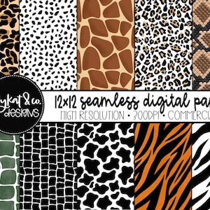 Modelli di stampa animale Carte digitali, File digitali disegnati a mano, Carta Scrapbooking digitale, Uso commerciale, Stampa leopardata, Dalmata, Serpente