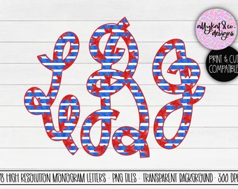 4.Juli Script Monogramm Buchstaben: Rot, Weiß & Blaue Sterne (PNG)