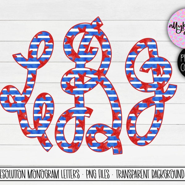 Fourth of July Script Monogram, Cursive Monogram, Red White & Blue Monogram Letters, Script Monogram Letters, Stars and Stripes Monogram Png