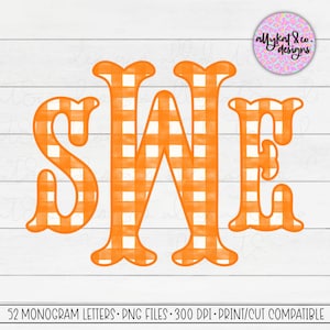 May include: Orange and white gingham-patterned letters spelling "SWE" on a white background. The letters are stylized with rounded edges. The image includes the text "allykat & co. designs" and "52 MONOGRAM LETTERS • PNG FILES • 300 DPI • PRINT/CUT COMPATIBLE".