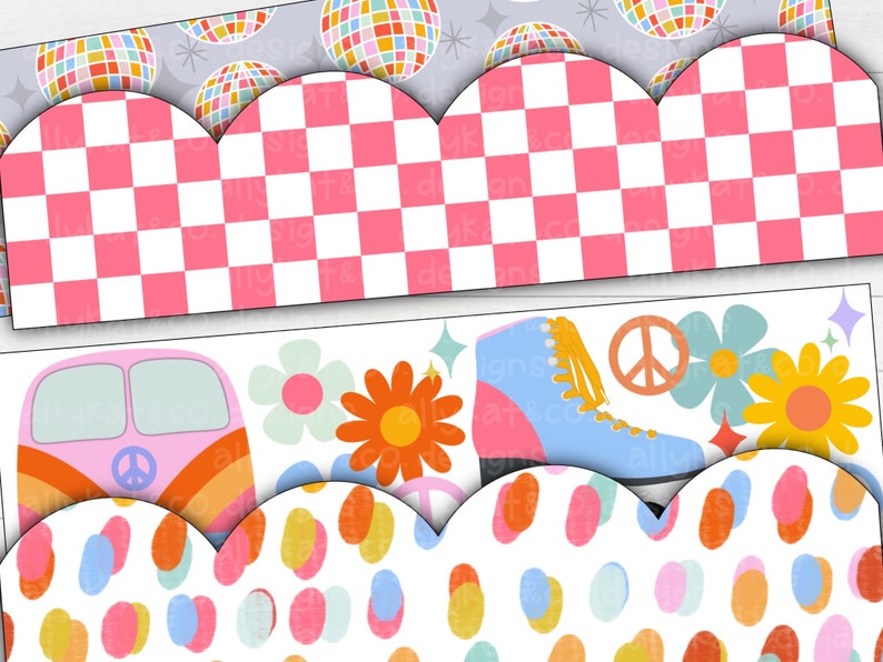 May include: A digital paper pack with a retro 70s theme. The pack includes images of a pink and orange camper van, a blue roller skate, peace signs, and flowers. The images are on a white background with a scalloped border.