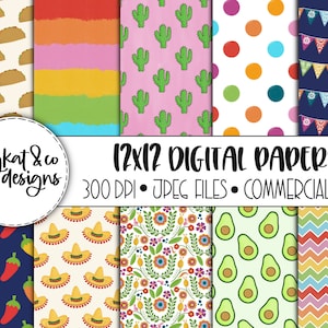 May include: A set of 12 digital papers featuring various Mexican-themed patterns, including tacos, cacti, sombreros, avocados, and colorful stripes. The papers are 12x12 inches and 300 DPI.  The text "12x12 DIGITAL PAPERS" and "300 DPI JPEG FILES COMMERCIAL USE" is included in the image.