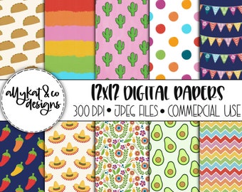 Fiesta Digital Papers, Taco Tuesday Hand Drawn Pattern, Digital Scrapbooking Paper, Commercial use, Fall pattern digital paper, Fall Designs