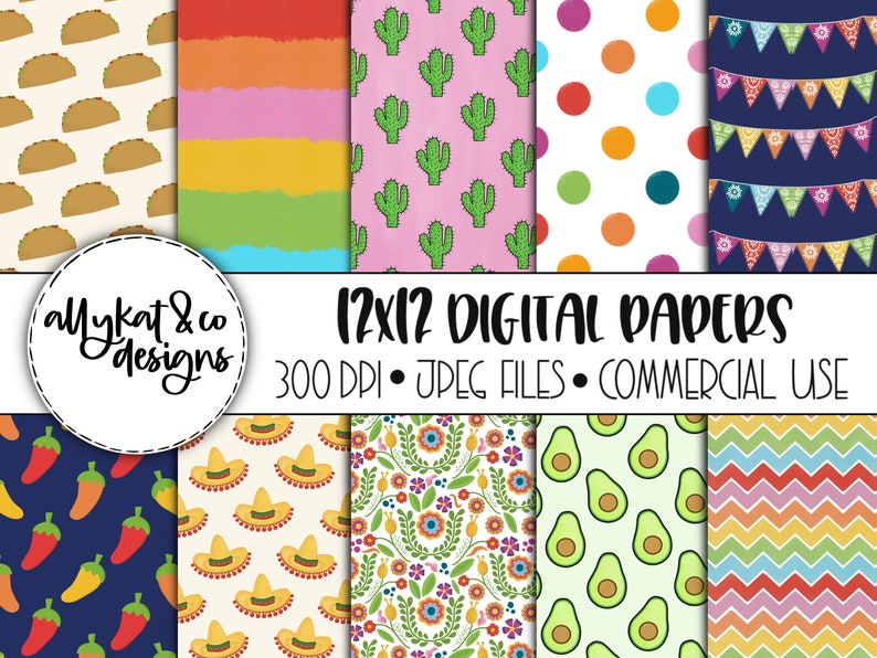 Peut inclure: Un ensemble de 12 papiers num&eacute;riques pr&eacute;sentant divers motifs sur le th&egrave;me mexicain, notamment des tacos, des cactus, des sombreros, des avocats et des rayures color&eacute;es. Les papiers mesurent 12x12 pouces et 300 DPI. Le texte "12x12 DIGITAL PAPERS" et "300 DPI JPEG FILES COMMERCIAL USE" est inclus dans l'image.