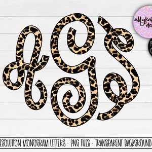 May include: Set of three monogram letters in a leopard print design. The letters are stylized and connected. The background is transparent.