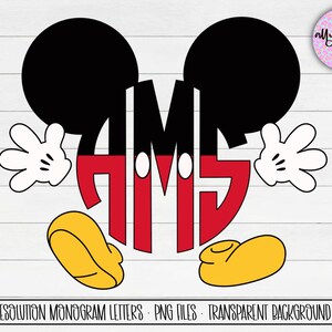May include: A Mickey Mouse-themed monogram design featuring the letters AMS in red, white, and black. The design includes Mickey's ears, hands, and feet. The image also includes the text "78 HIGH RESOLUTION MONOGRAM LETTERS PNG FILES TRANSPARENT BACKGROUND 300 DPI".