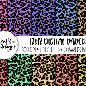 Colorful Leopard Print Digital Papers, Hand Drawn Patterns, Digital Scrapbooking Paper, Commercial use, Cheetah Print digital download