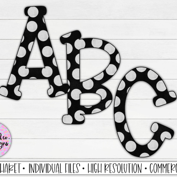 Black and White Polka Dot Alphabet Letters PNG Bundle, Polka Dot Hand Drawn Alphabet Doodle, Sublimation Alpha Set, Bulletin Board Letters