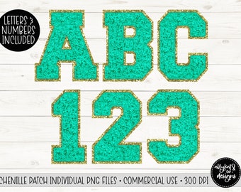 Letras y números universitarios de chenilla verde azulado PNG: Parche de purpurina peluda (descarga digital)