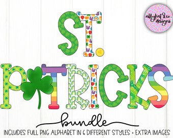May include: A colorful graphic design of the phrase "ST. PATRICKS bundle" with a shamrock and rainbow patterns. The design includes a full PNG alphabet in 6 different styles.
