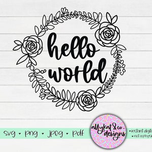 Puede incluir: Diseño digital en blanco y negro de una corona de flores con el texto "hello world" en el centro.