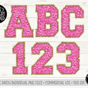 May include: Pink felt letters and numbers with gold glitter trim. The letters are A, B, and C. The numbers are 1, 2, and 3.  LETTERS & NUMBERS INCLUDED. CHENILLE PATCH INDIVIDUAL PNG FILES • COMMERCIAL USE • 300 DPI