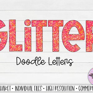 Pink and Orange Doodle Letters Alphabet PNG, Sublimation Letters, A-Z Upper Case Alphabet, Glitter Doodle Letters, Back to School Letters