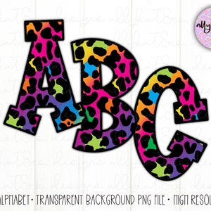 May include: ABC letters in a black outline with a colorful leopard print pattern. The letters are in a bold, blocky font.
