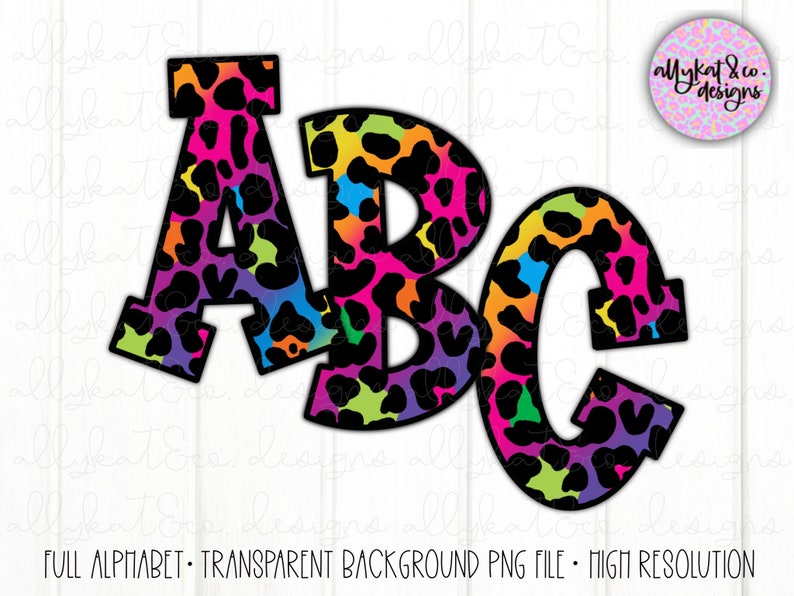 May include: ABC letters in a black outline with a colorful leopard print pattern. The letters are in a bold, blocky font.