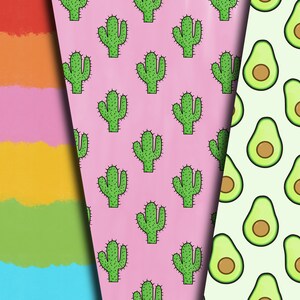 Peut inclure: Trois papiers &agrave; motifs diff&eacute;rents, chacun avec un design diff&eacute;rent. Le premier papier est un d&eacute;grad&eacute; arc-en-ciel avec des rayures horizontales. Le deuxi&egrave;me papier a un fond rose avec un motif r&eacute;p&eacute;t&eacute; de cactus verts. Le troisi&egrave;me papier a un fond vert clair avec un motif r&eacute;p&eacute;t&eacute; d'avocats verts.