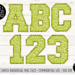 Faux Lime Green Chenille Patch PNG Files, Varsity Letters and Numbers PNG, Sublimation, Furry Glitter Letters PNG, Bulletin Board Letters