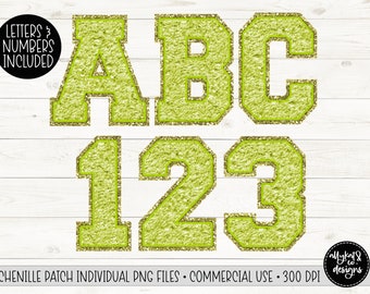 Arquivos PNG de letras e números universitários em chenille verde-limão (download digital)
