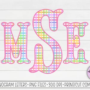 May include: A set of three monogram letters, M, S, and E, in a pastel plaid pattern with a pink outline. The letters are on a white woodgrain background. 52 Monogram Letters. PNG Files. 300 DPI. Print/Cut Compatible.