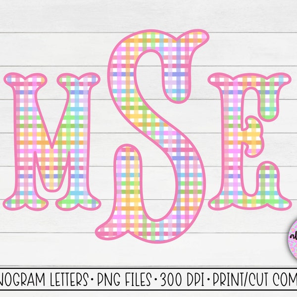 Spring Pastel Gingham Monogram, Gingham Monogram PNG, Fishtail Monogram Letters, Commercial Use Monogram Letters, Easter Monogram Letters