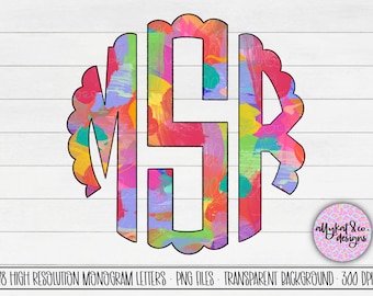 May include: A colorful monogram letter design with a scalloped edge. The letters are M, S, and R. The background is a vibrant mix of pink, yellow, blue, and green paint splatters.