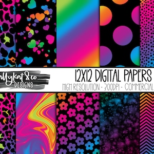 Retro Rainbow Pattern Digital Papers, Hand Drawn Patterns, Digital Scrapbooking Paper, Commercial use, 90’s Retro Rainbow  Digital Paper