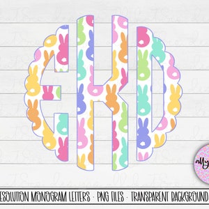 May include: A set of 78 high-resolution monogram letters in PNG format. The letters are designed with a pattern of colorful Easter bunny shapes. The background is transparent. The letters are 300 DPI.