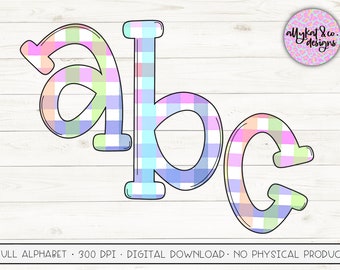 May include: Pastel plaid letters a, b, and c in a whimsical font. The letters are filled with a light blue, pink, green, and yellow checkered pattern, outlined in black. The image includes the text "FULL ALPHABET 300 DPI DIGITAL DOWNLOAD NO PHYSICAL PRODUCT".