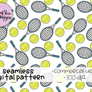 May include: A seamless digital pattern featuring white tennis rackets and yellow tennis balls on a white background. The text "seamless digital pattern" and "commercial use 300 dpi" is included in the design.