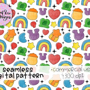 May include: A seamless digital pattern featuring a rainbow, a pot of gold, a four-leaf clover, a horseshoe, a star, and a heart. The pattern is in a cartoon style and is perfect for use in crafts, scrapbooking, and other creative projects.