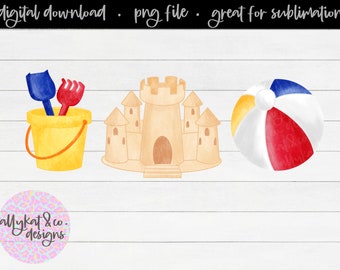 Trío de imágenes prediseñadas de playa en acuarela: Castillo de arena, cubo y pelota (descarga digital PNG)