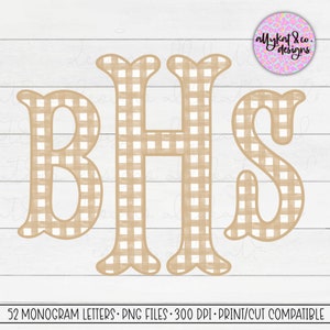May include: Three monogram letters, B, H, and S, in a brown and white gingham pattern. The letters are in a bold, blocky font style.
