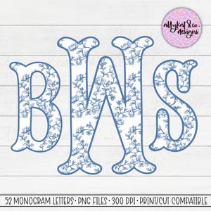 Blue Chinoiserie Monogram, Blue Toile Fleurie Sublimation Monogram,  Preppy Floral Monogram PNG, Fishtail Monogram Letters, Commercial Use