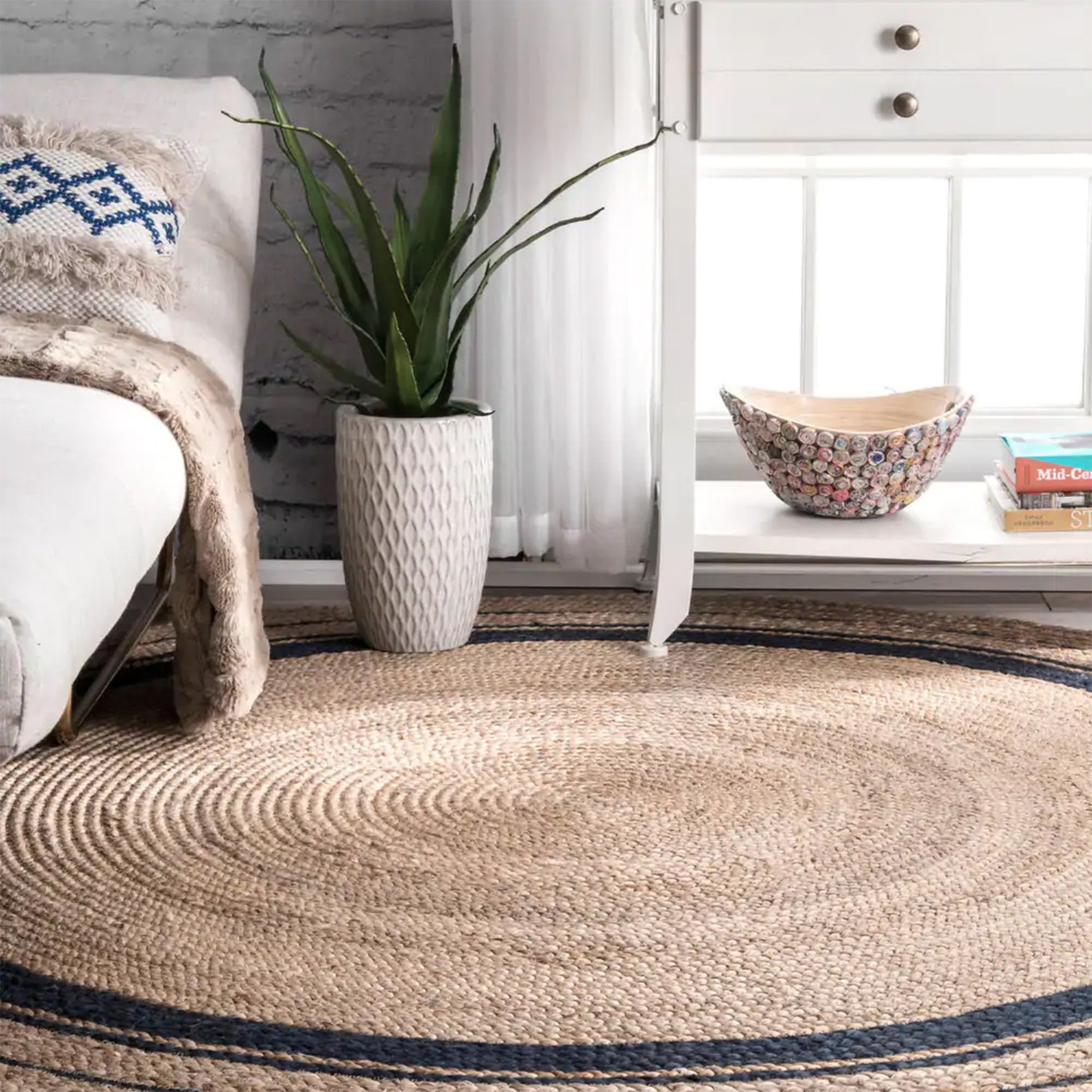 4x4 5x5 6x6 8x8 Jute Natural Round Rug Navy Border Rug Etsy