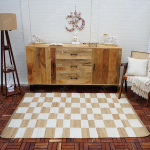 Handmade Checkered Jute Runner: Natural Boho Area Rug