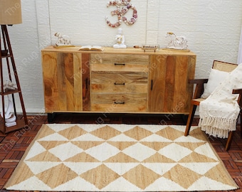 Hand Woven Jute Rug: Bohemian Checkered Rug, Custom Size