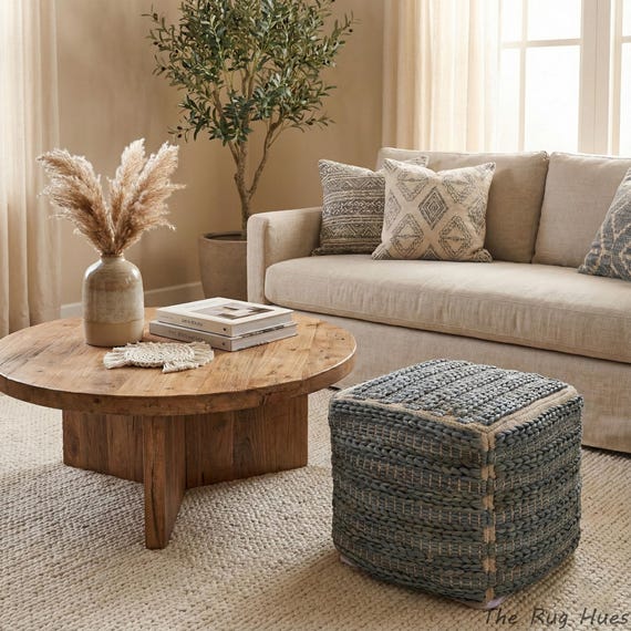 18x18 Pouf, Natural Fibers Jute Pouf, Square Pouf, Indoor Jute Pouffe, Grey Jute Ottomans, Hand-Braided Jute Pouf, Boho Decor Pouf, Bench