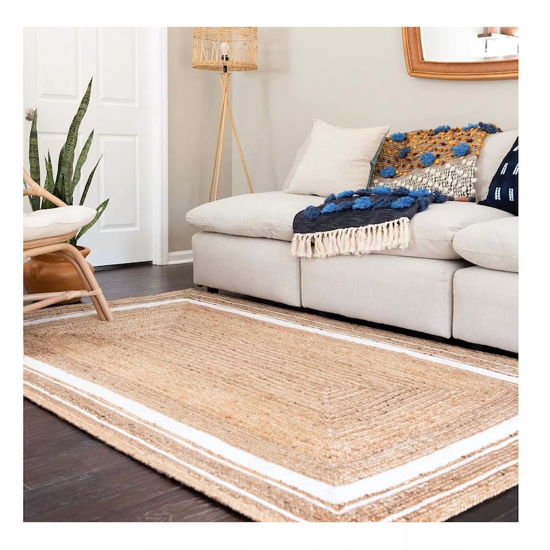 Natural Jute Braided Rug 5x8 6x9 8x10 Border Jute Rug Etsy