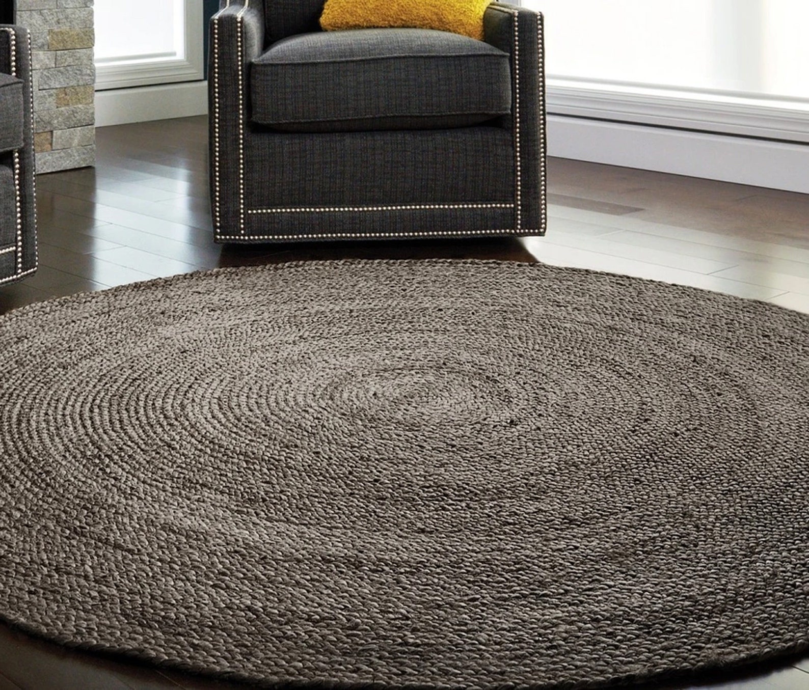 4x4, 5x5, 6x6, Dark Grey Jute Round Rug, Eco Rug, Floor Rug Braided
