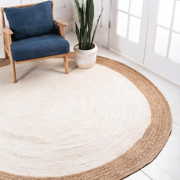 4x4, 5x5, 6x6, 7x7 Jute Natural Border Round Rug Braided Jute Rug, Bohemian Rug, Eco Friendly Rug, Large Area Rug, Circular Rug, Rag Rug